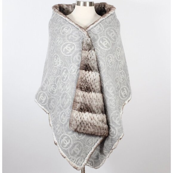 Chanel XL scarf shawl reversible 37" x 78" cashmere fur orylag gray rabbit 12k - Picture 11 of 16